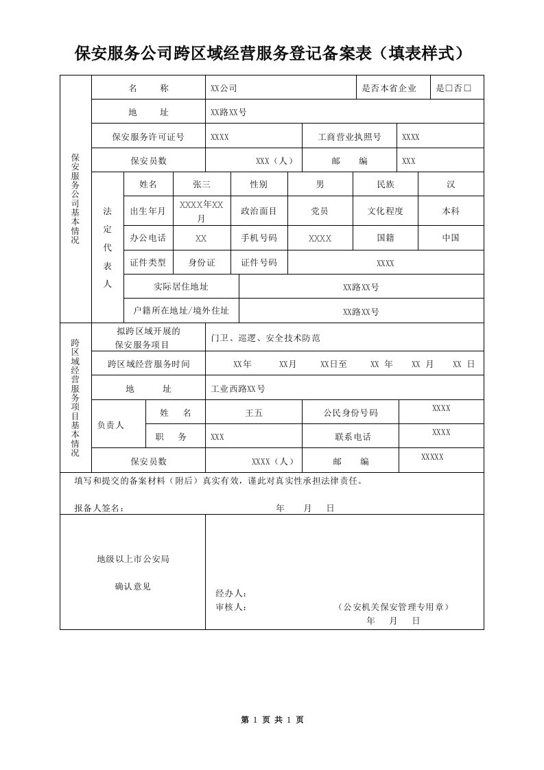 保安服务公司跨区域经营服务登记备案表（填表样式）