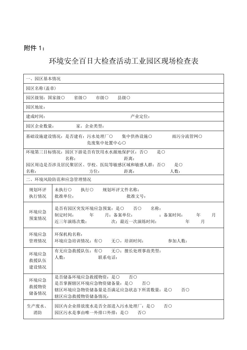 环境安全百日大检查活动工业园区现场检查表