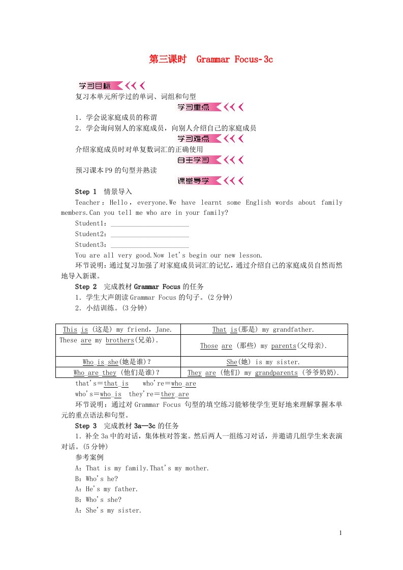 七年级英语上册Unit2Thisismysister第三课时GrammarFocus_3c学案新版人教新目标版