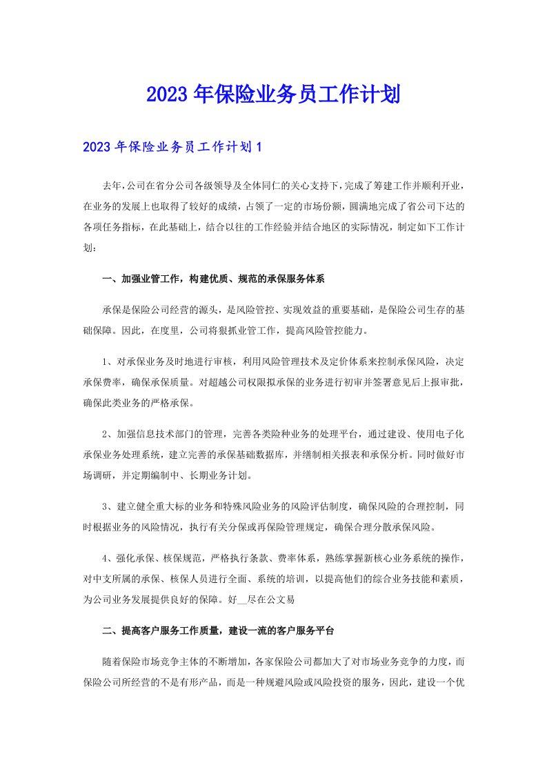 2023年保险业务员工作计划