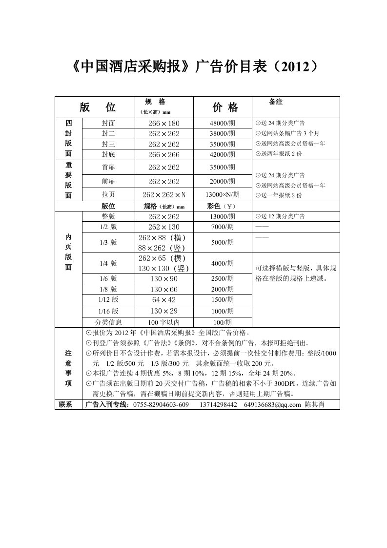 中国酒店采购报》广告价目表