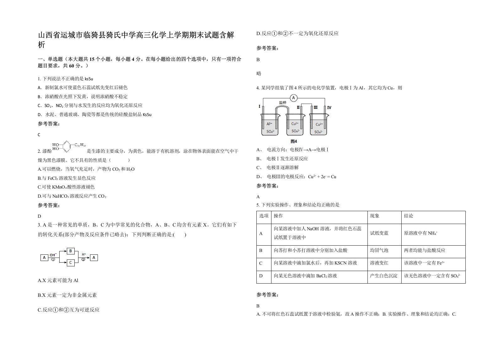 山西省运城市临猗县猗氏中学高三化学上学期期末试题含解析