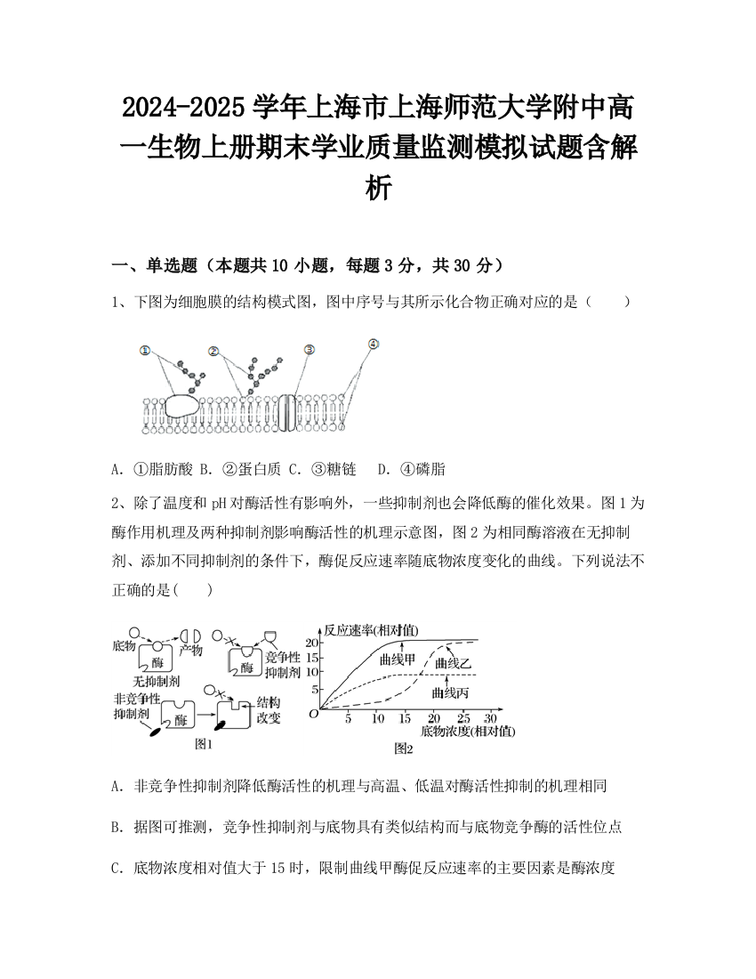 2024-2025学年上海市上海师范大学附中高一生物上册期末学业质量监测模拟试题含解析