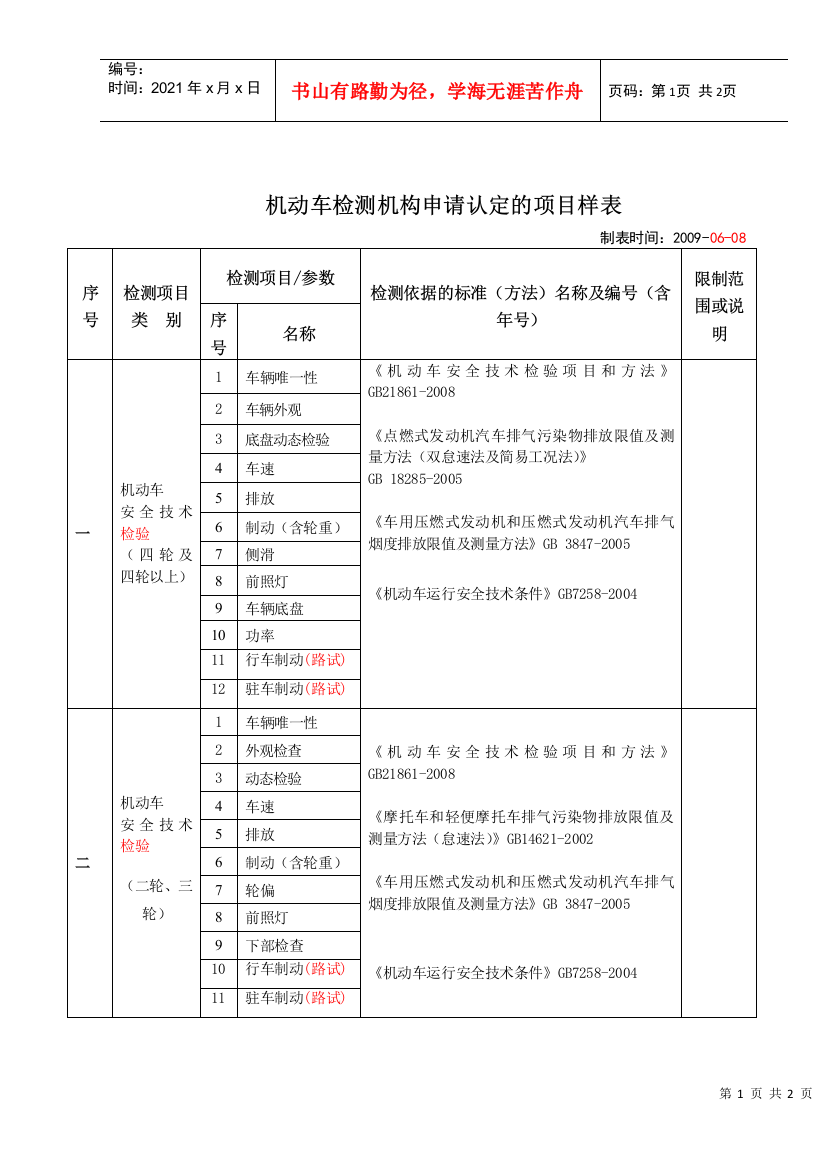 车检机构项目样表090608-附表1：