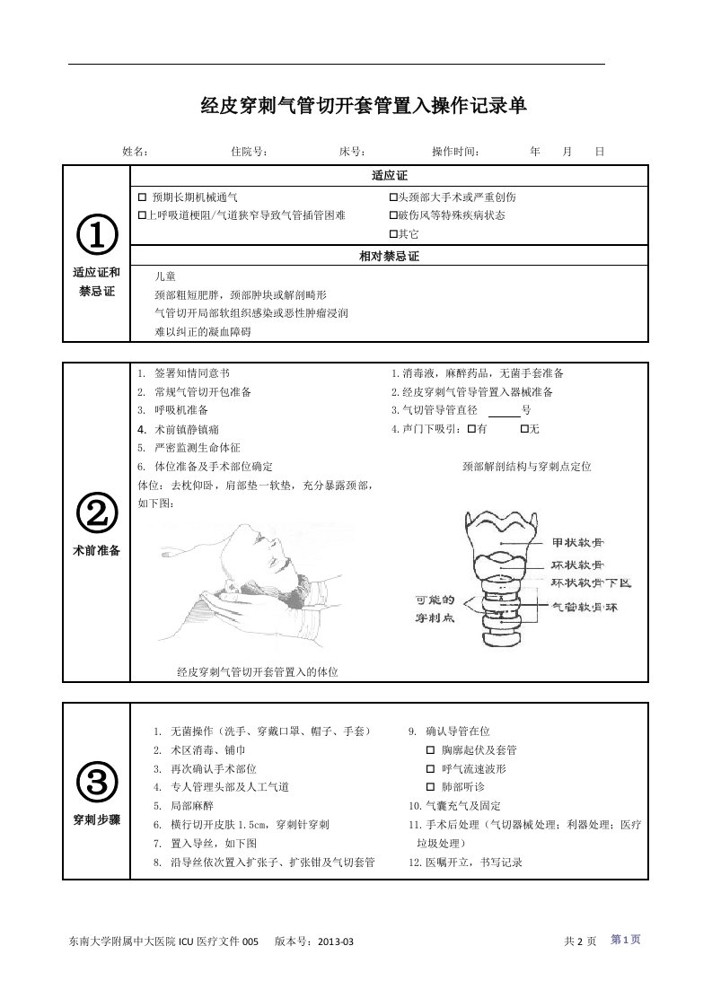 经皮穿刺气管切开套管置入操作记录单-东南大学附属中大医院重症医学科