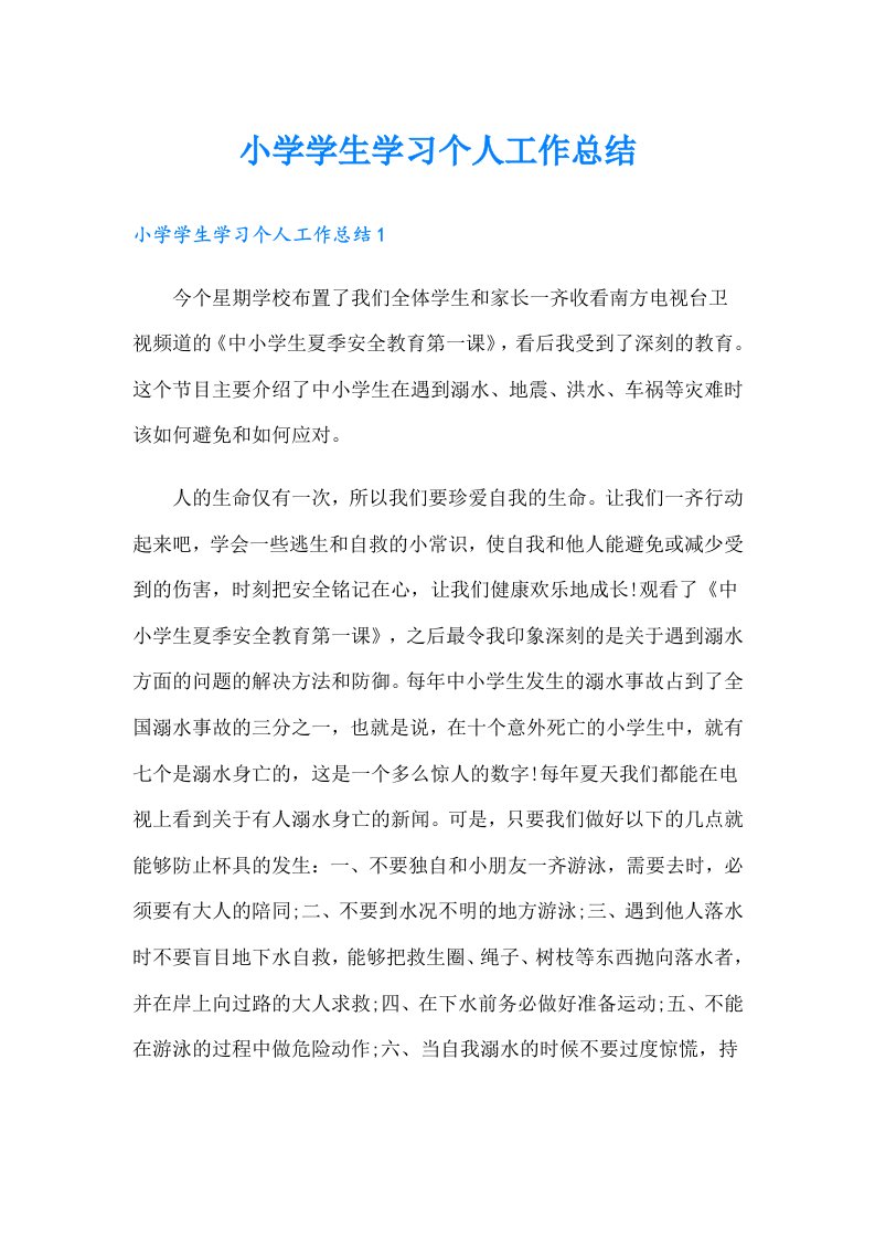 小学学生学习个人工作总结