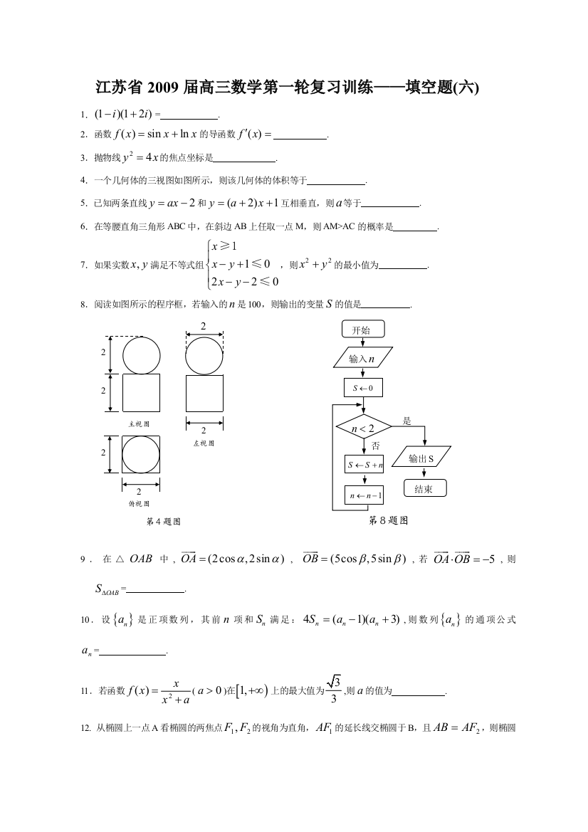 【小学中学教育精选】江苏省2009届高三数学第一轮复习训练——填空题(六)