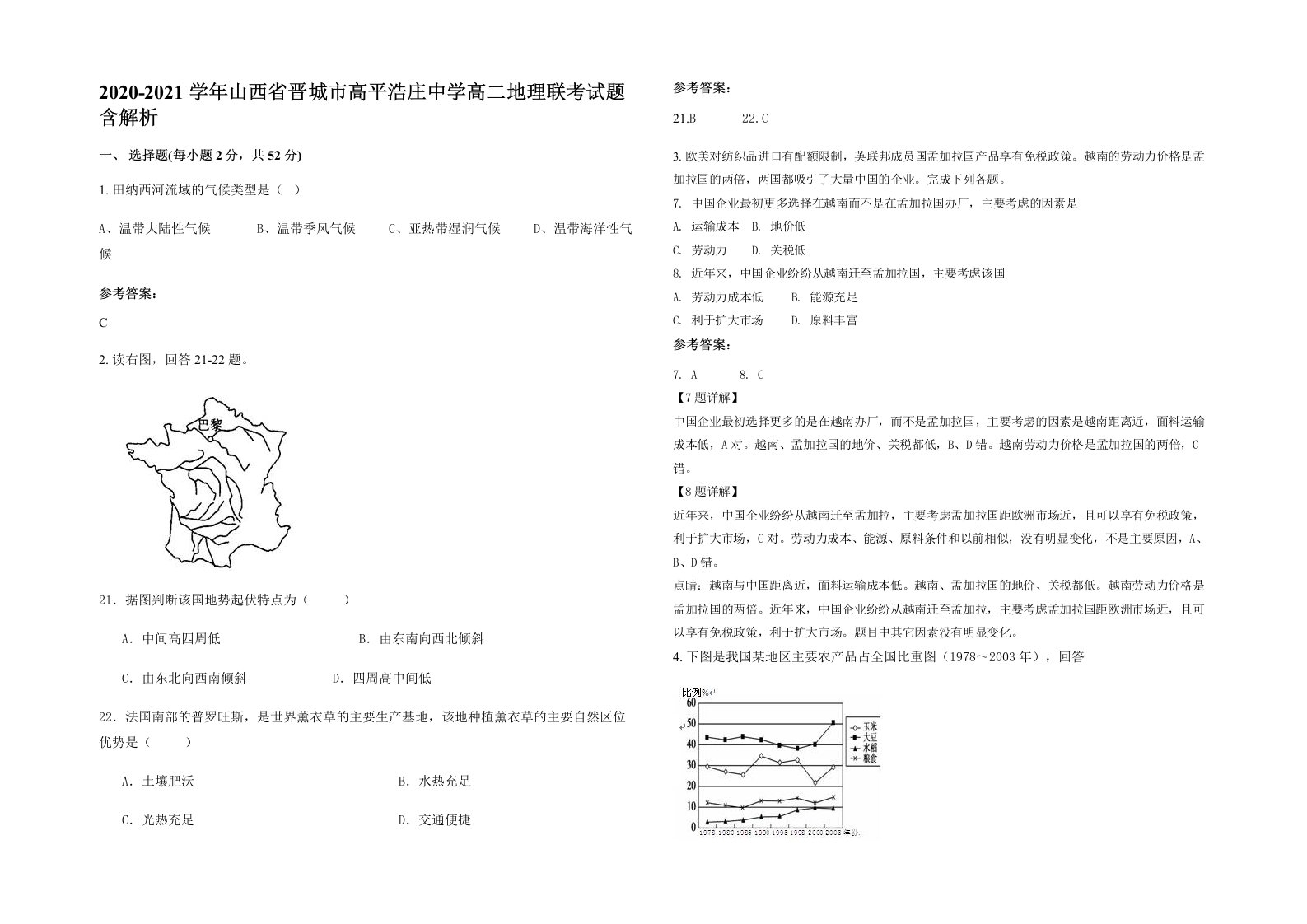 2020-2021学年山西省晋城市高平浩庄中学高二地理联考试题含解析