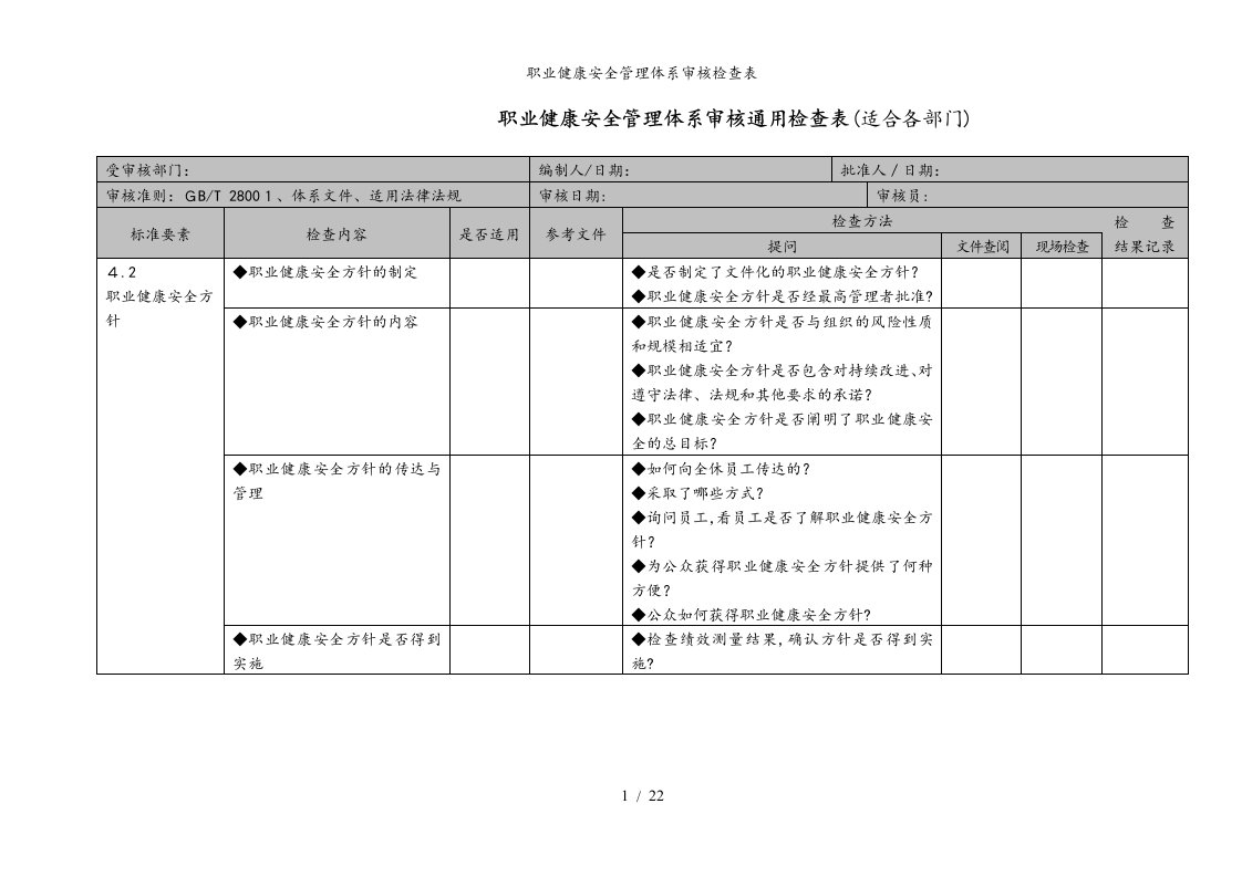 职业健康安全管理体系审核检查表