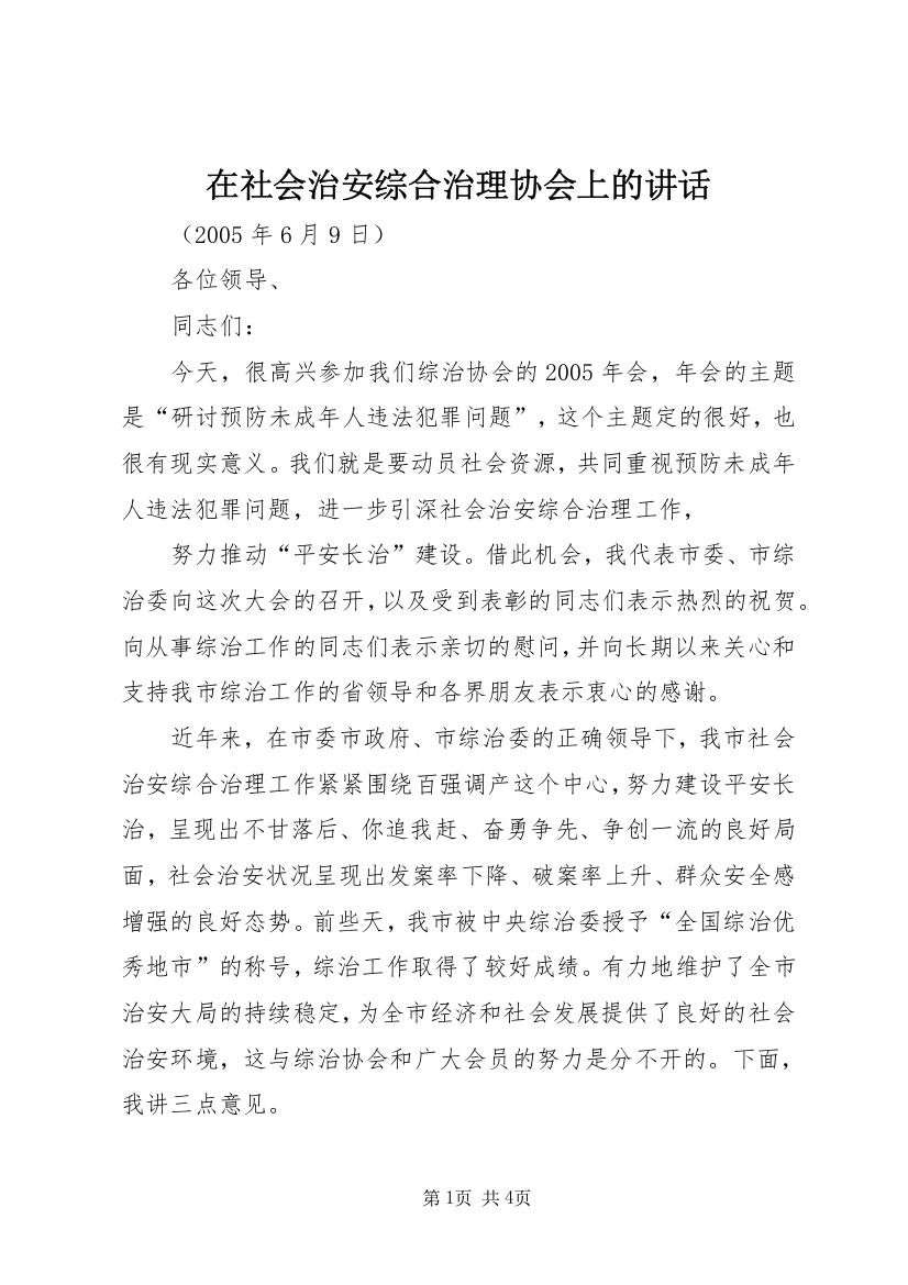 在社会治安综合治理协会上的讲话