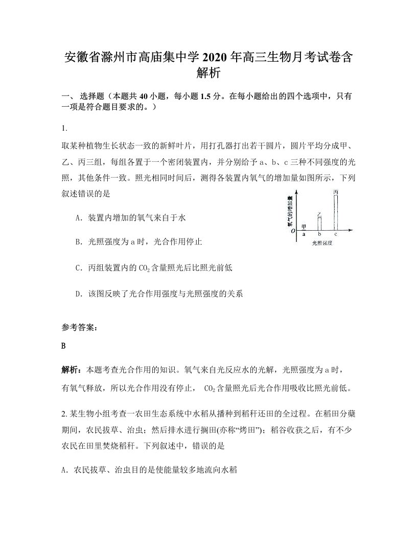 安徽省滁州市高庙集中学2020年高三生物月考试卷含解析