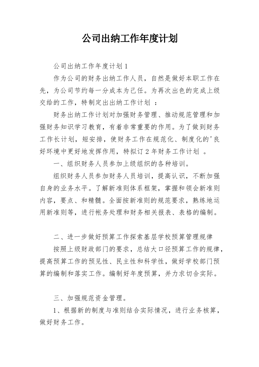 公司出纳工作年度计划