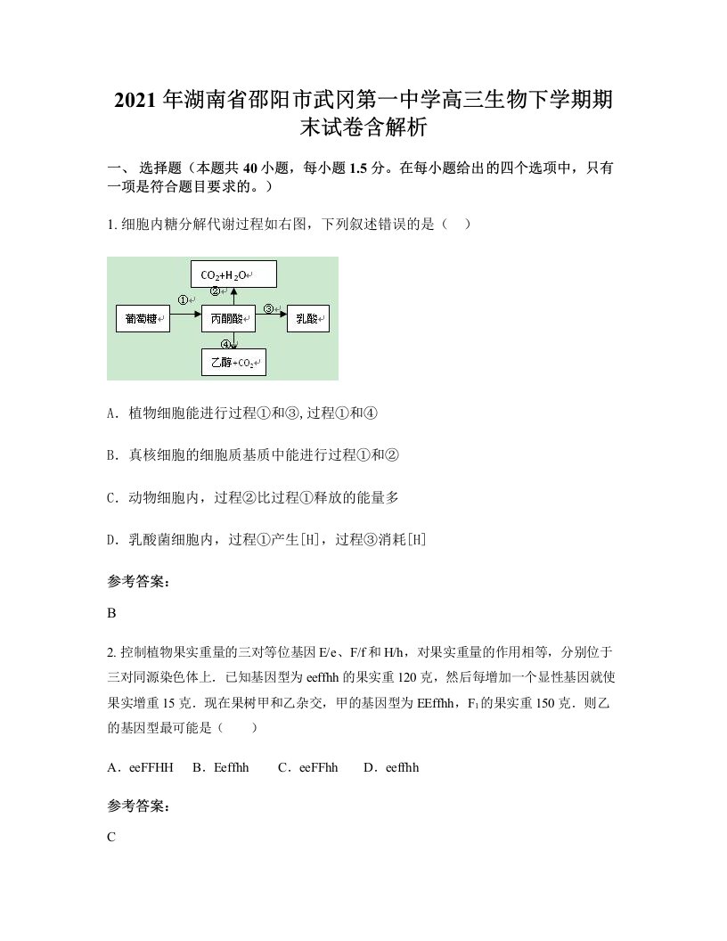 2021年湖南省邵阳市武冈第一中学高三生物下学期期末试卷含解析