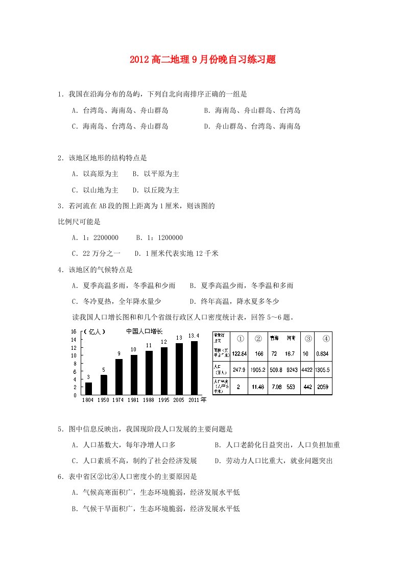 高二地理9月份晚自习练习题（4）