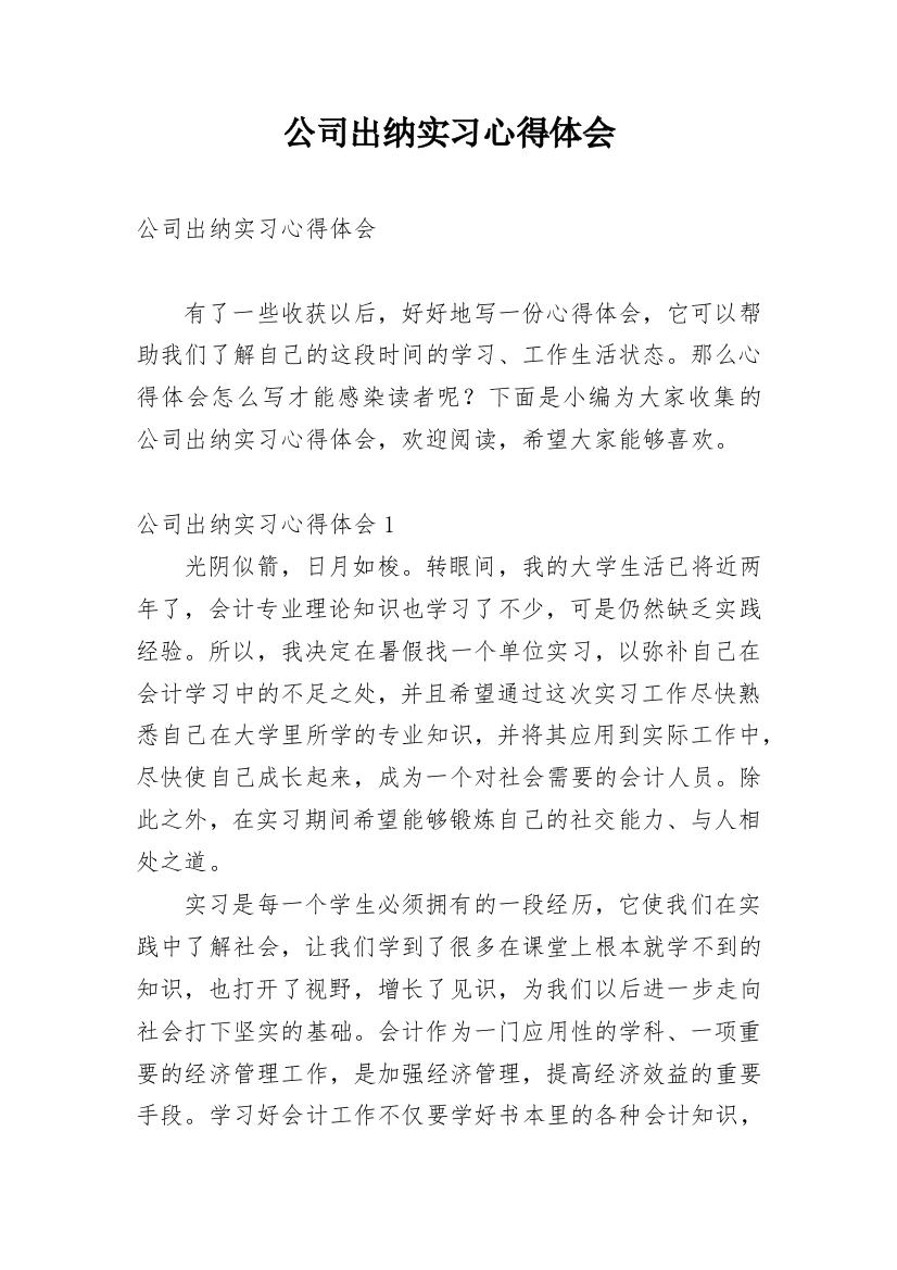 公司出纳实习心得体会