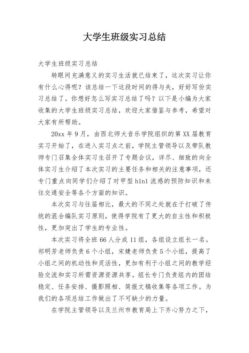 大学生班级实习总结