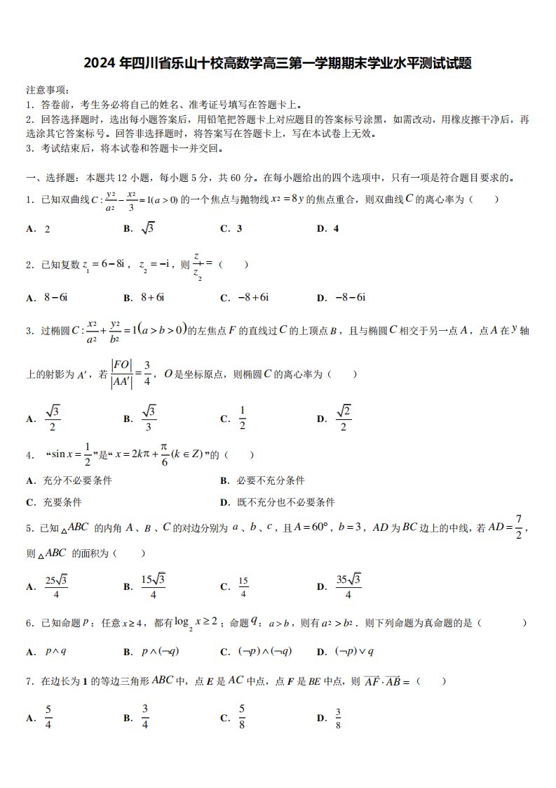 2024年四川省乐山十校高数学高三第一学期期末学业水平测试试题含精品