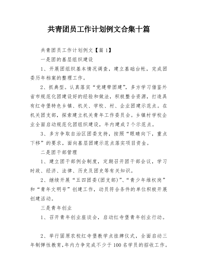 共青团员工作计划例文合集十篇