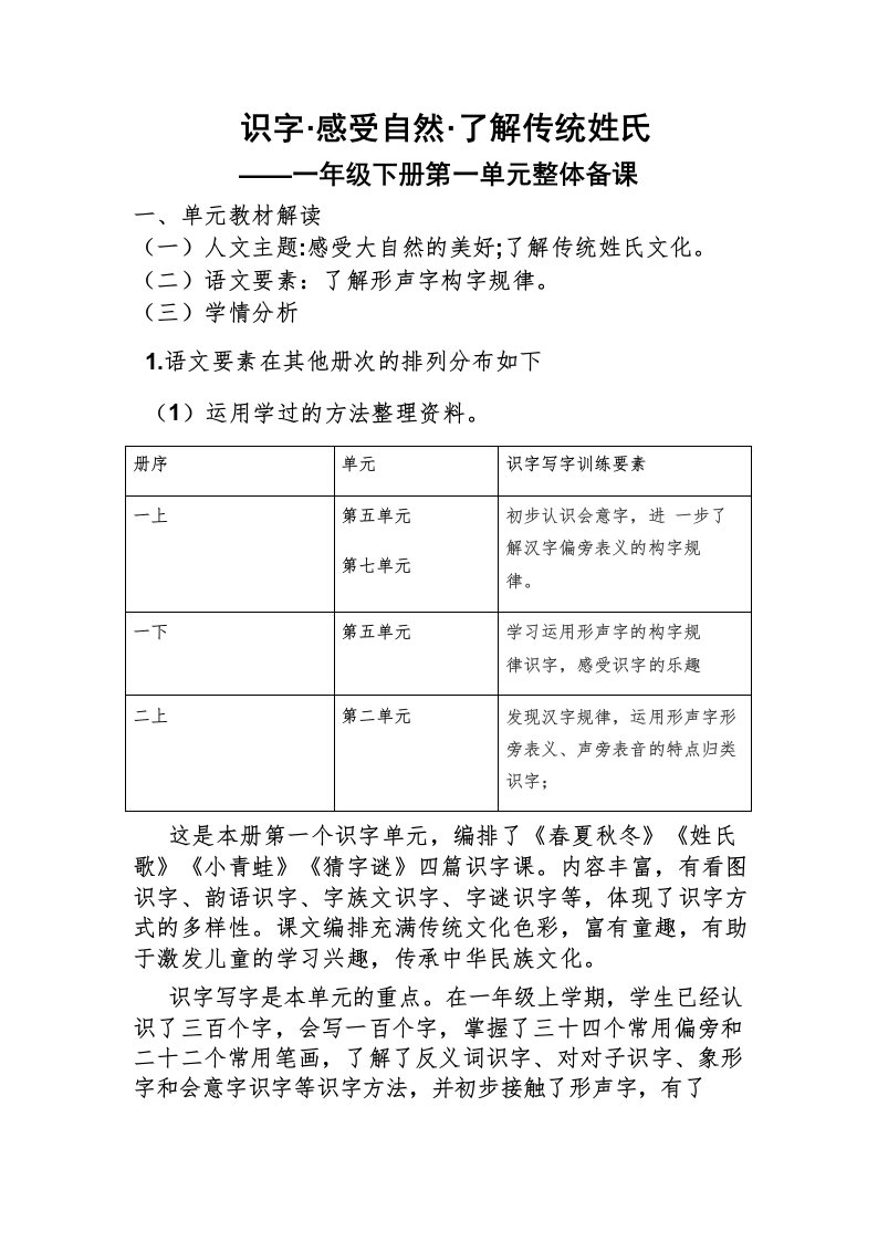 部编版语文一年级下册第一单元集体备课