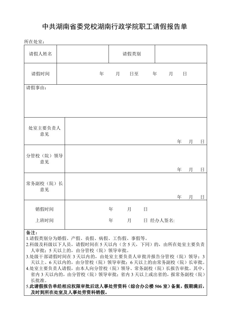 中共湖南省委党校湖南行政学院职工请假报告单