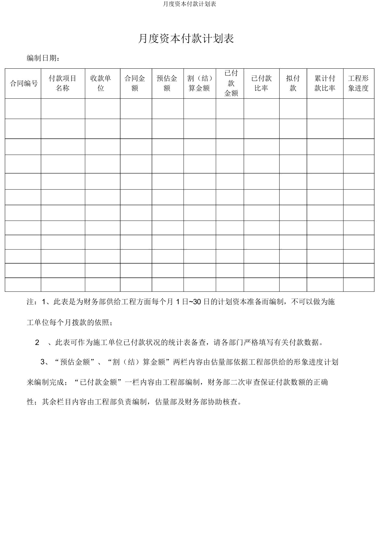 月度资金付款计划表