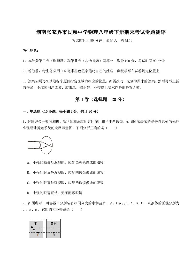 第二次月考滚动检测卷-湖南张家界市民族中学物理八年级下册期末考试专题测评试卷（解析版）