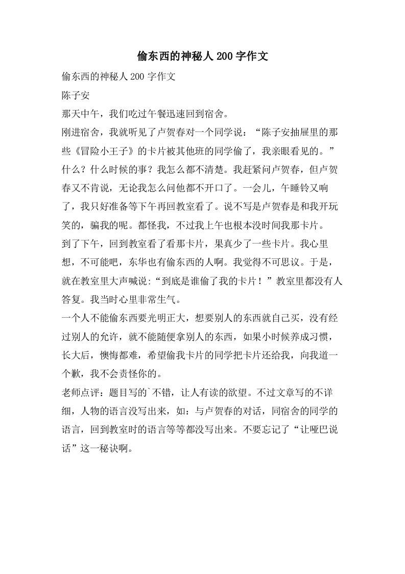 偷东西的神秘人200字作文