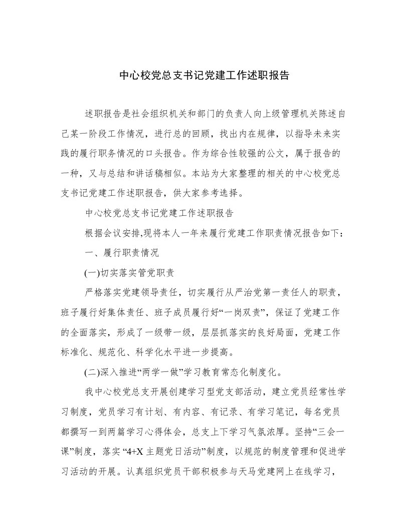 中心校党总支书记党建工作述职报告