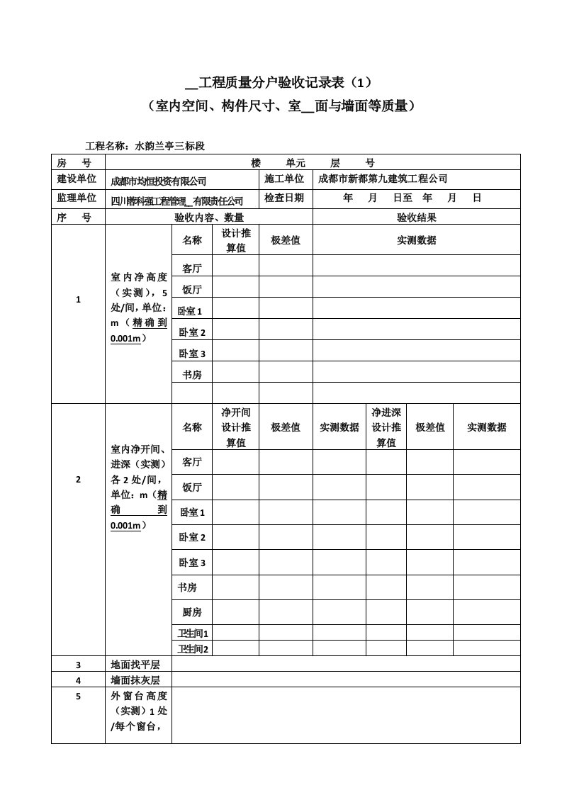 改住宅工程质量分户验收记录表