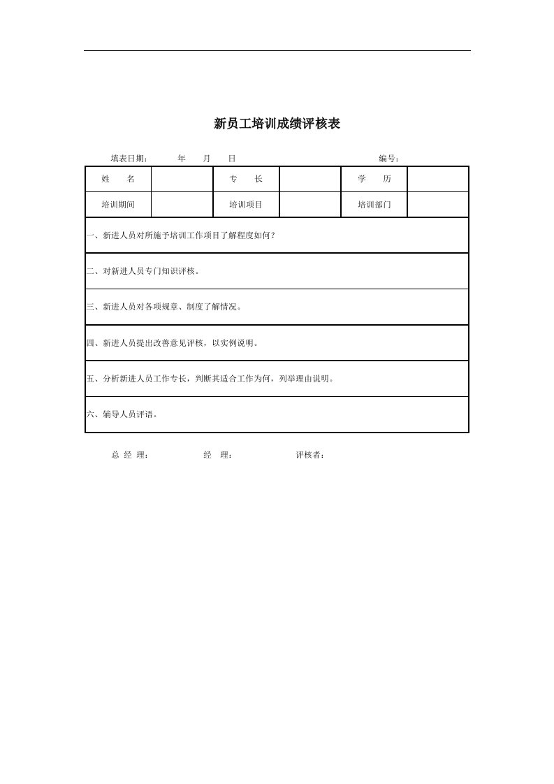 新员工培训成绩评核表（一）