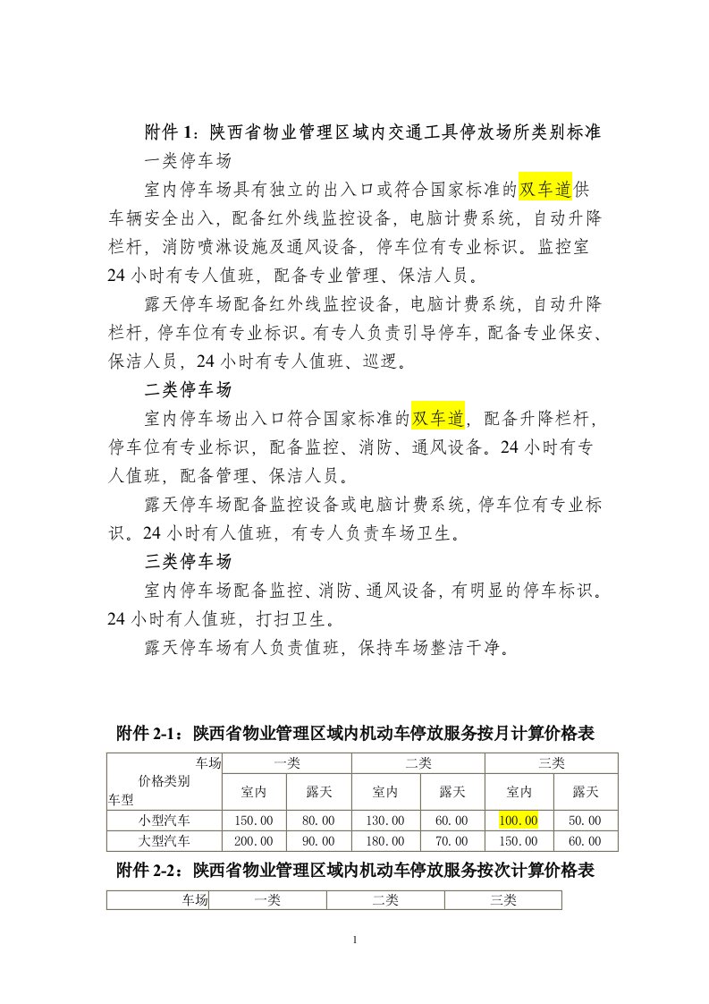 附件1陕西物业管理区域内交通工具停放场所类别标准