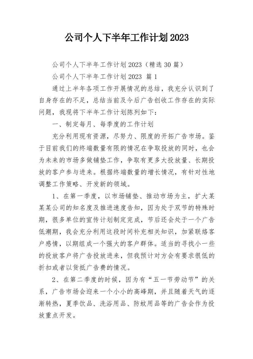 公司个人下半年工作计划2023