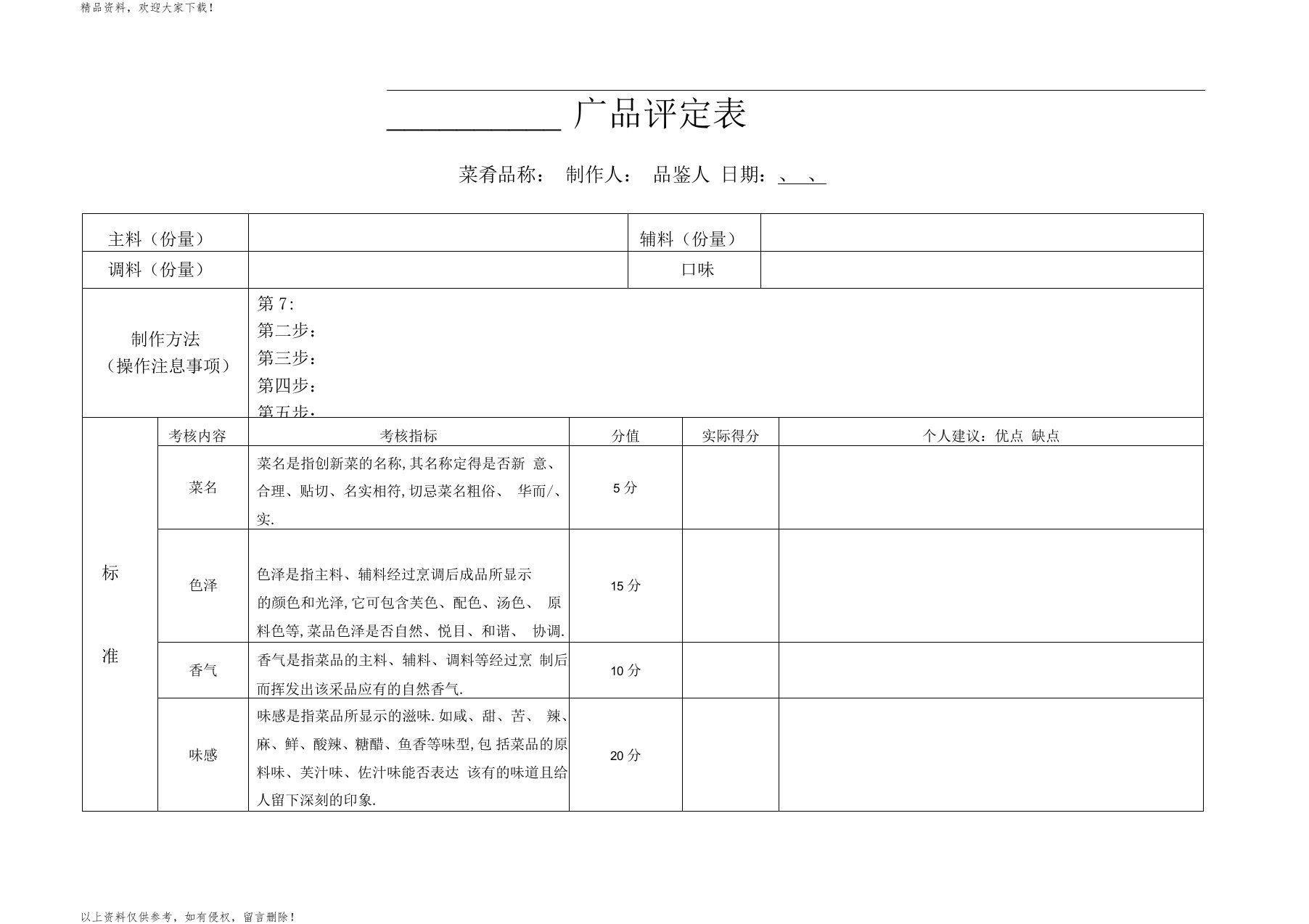 菜品评定打分表