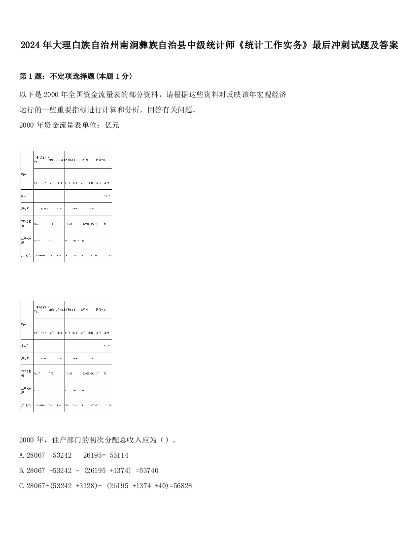 2024年大理白族自治州南涧彝族自治县中级统计师《统计工作实务》最后冲刺试题及答案