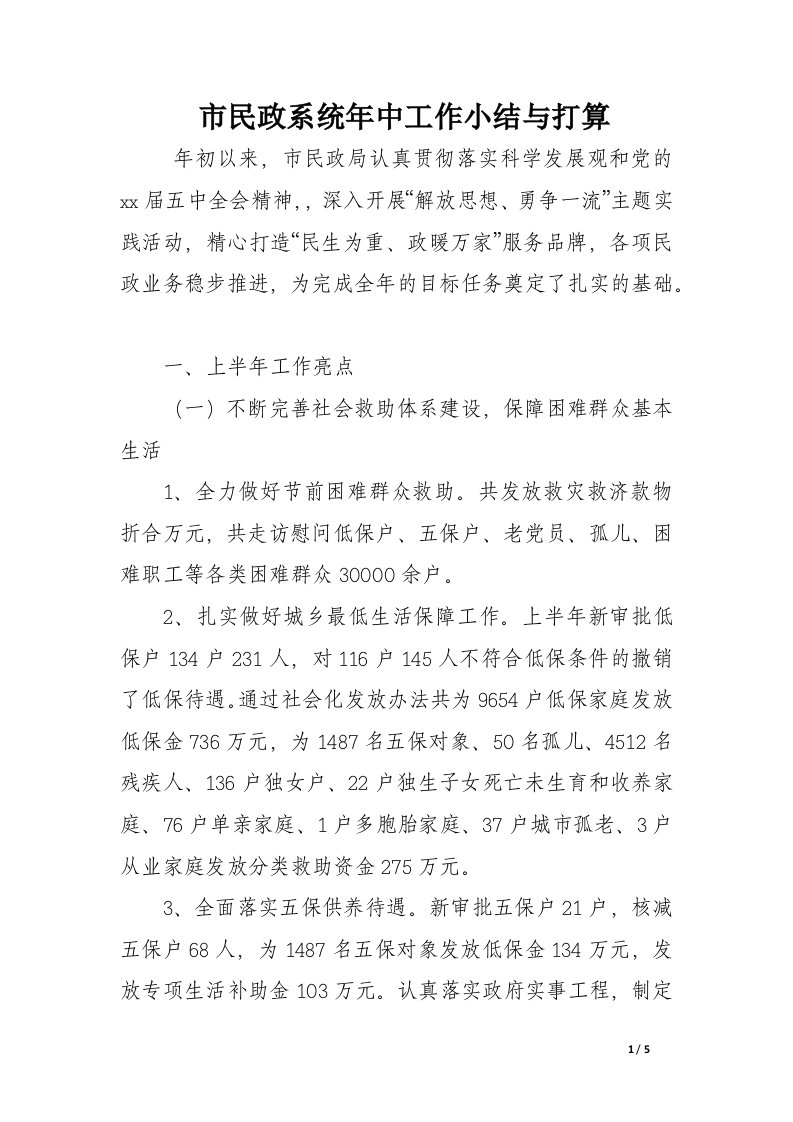 市民政系统年中工作小结与打算