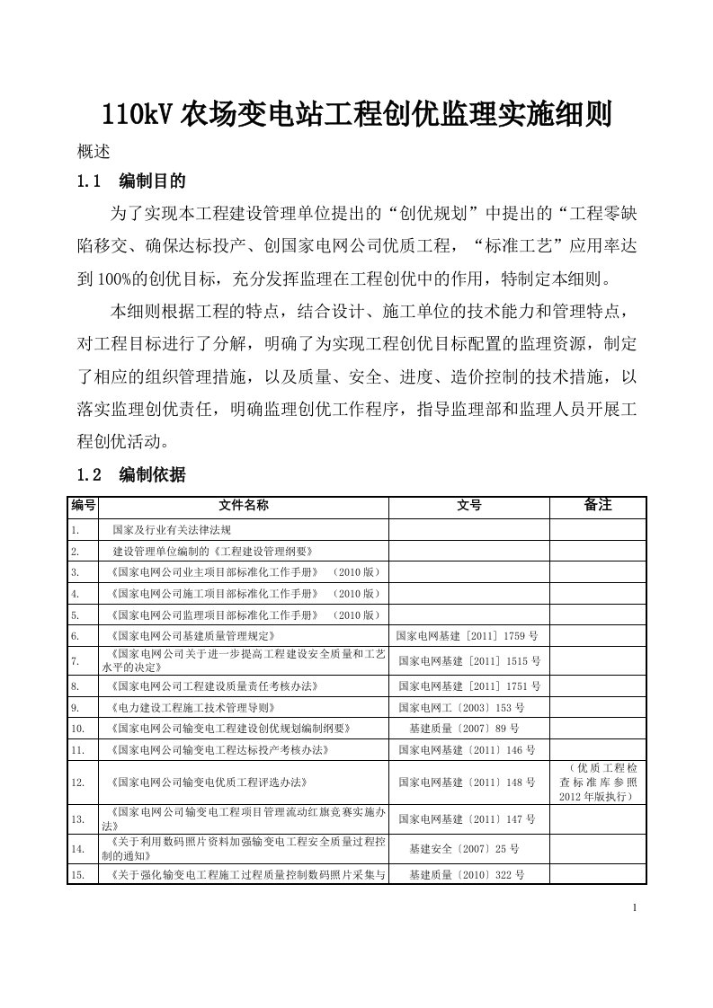 110kV农场变电站工程创优监理实施细则