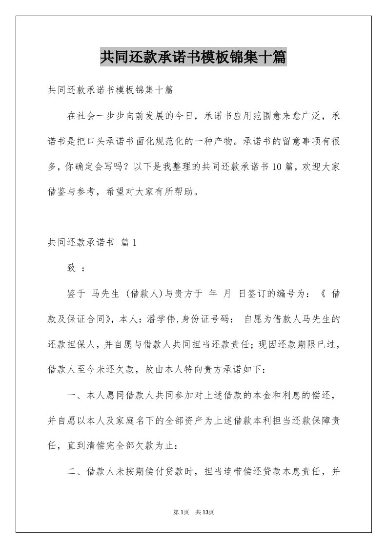 共同还款承诺书模板锦集十篇例文