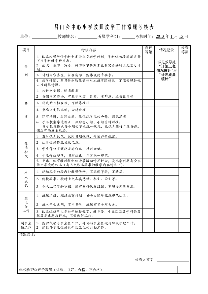 小学教师教学工作常规考核表20131