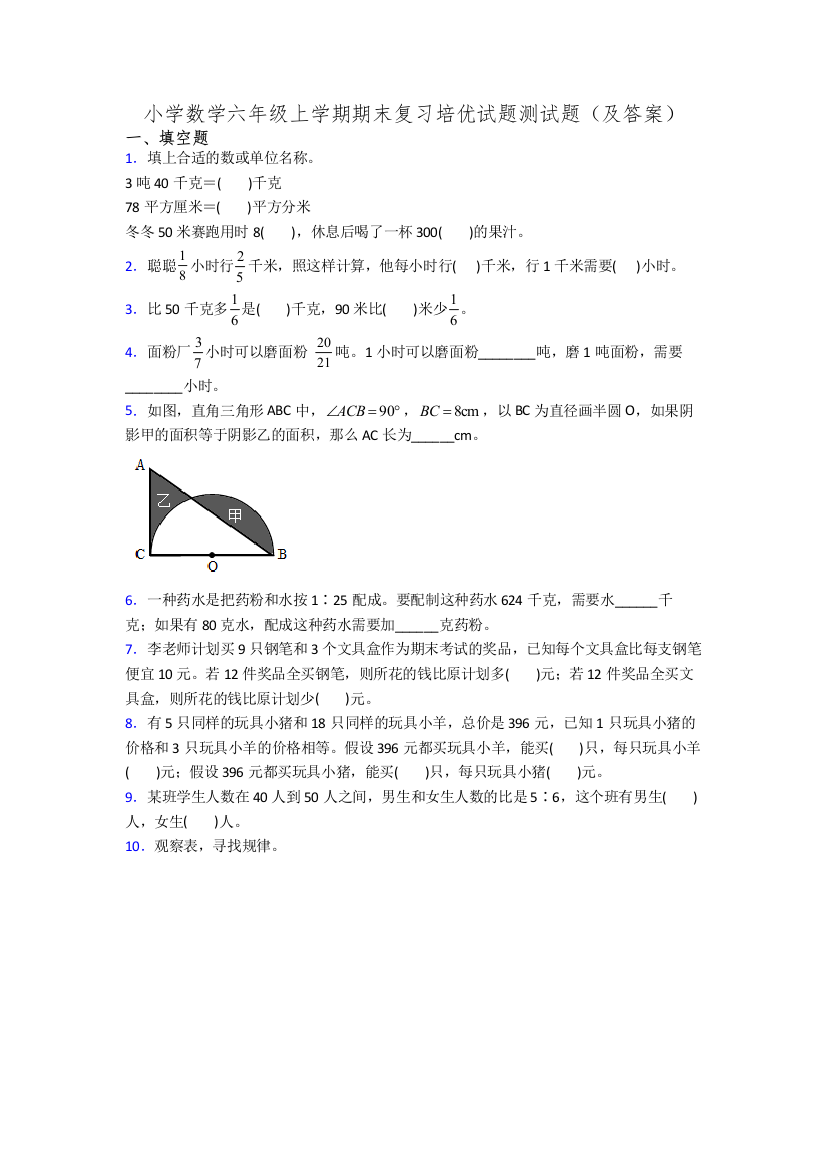 小学数学六年级上学期期末复习培优试题测试题(及答案)