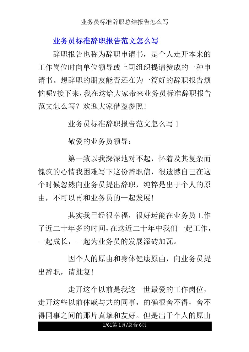 业务员标准辞职总结报告怎么写