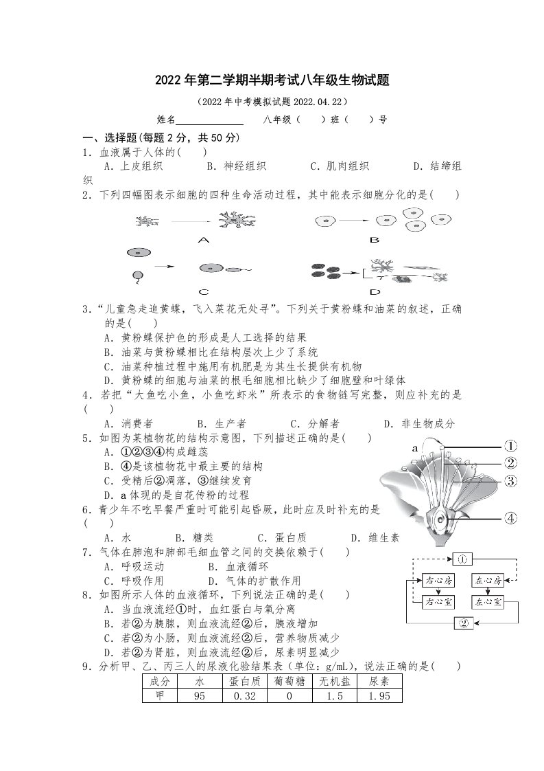 2022年福建省龙岩市长汀县第四中学八年级下学期期中生物试卷（中考模拟题）（含答案）