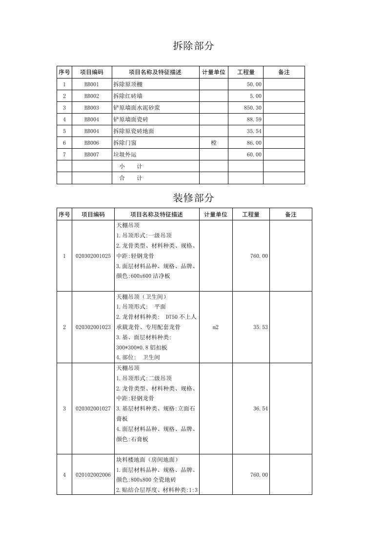 工程量清单