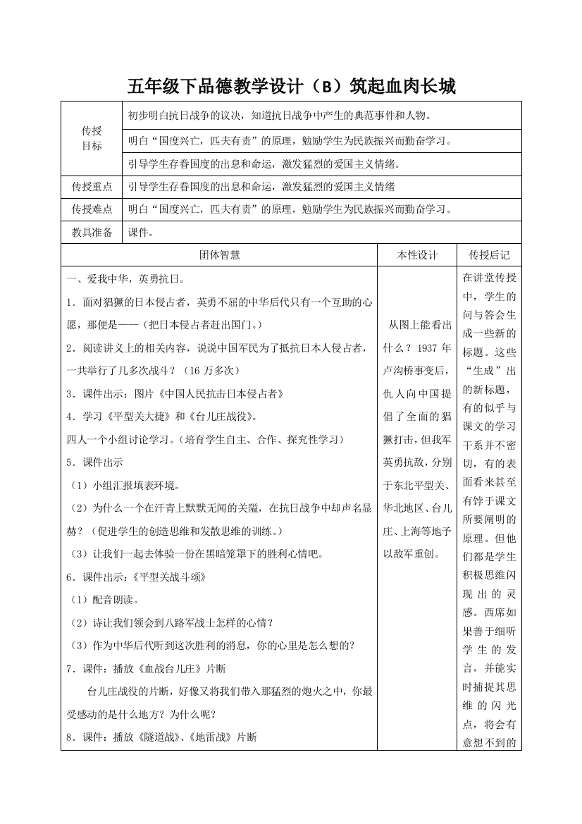 五年级下品德教学设计(B)筑起血肉长城