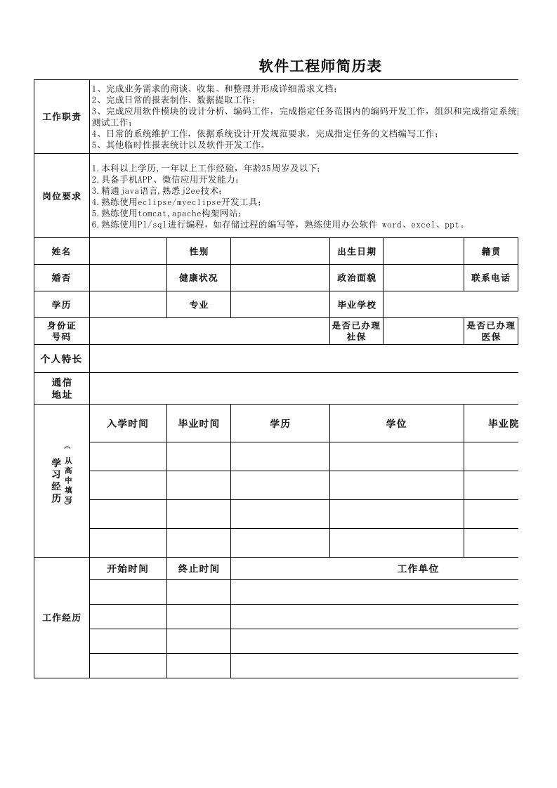 《软件工程师职位简历模板