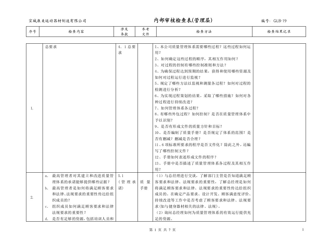 002管理层审核检查表