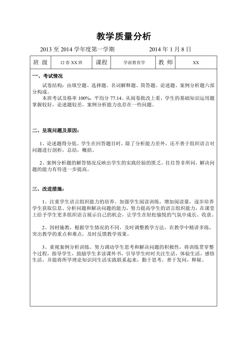 学前教育学教学质量分析