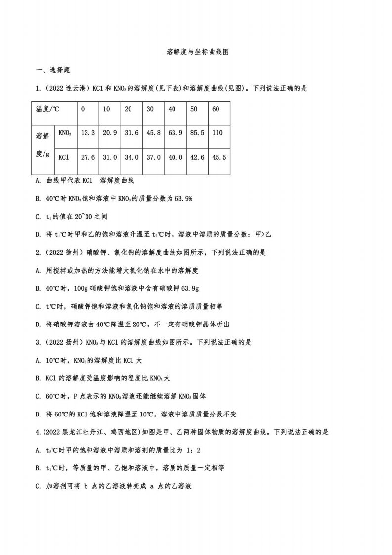 2022年中考化学真题汇编之溶解度与坐标曲线图及答案