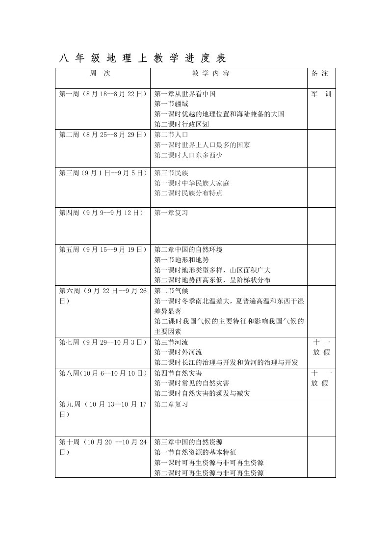 八年级地理上教学进度表