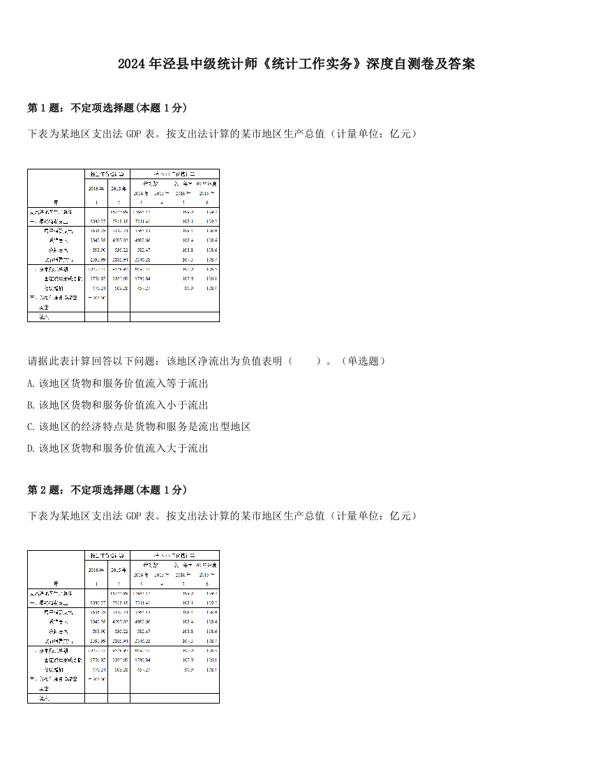 2024年泾县中级统计师《统计工作实务》深度自测卷及答案