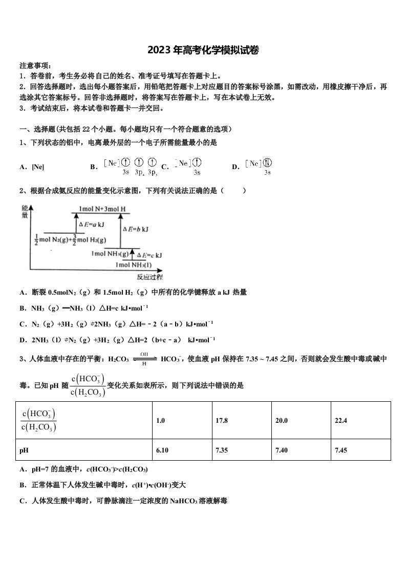 河北省三河市第九中学2023届高三第一次模拟考试化学试卷含解析